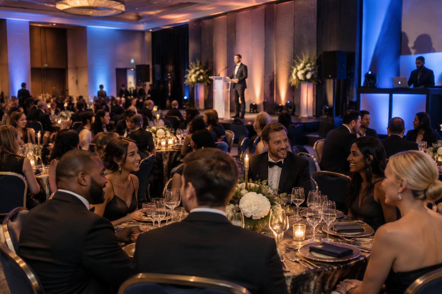 Company gala with dinner guests, a speech microphone, professional sound and blue uplighting