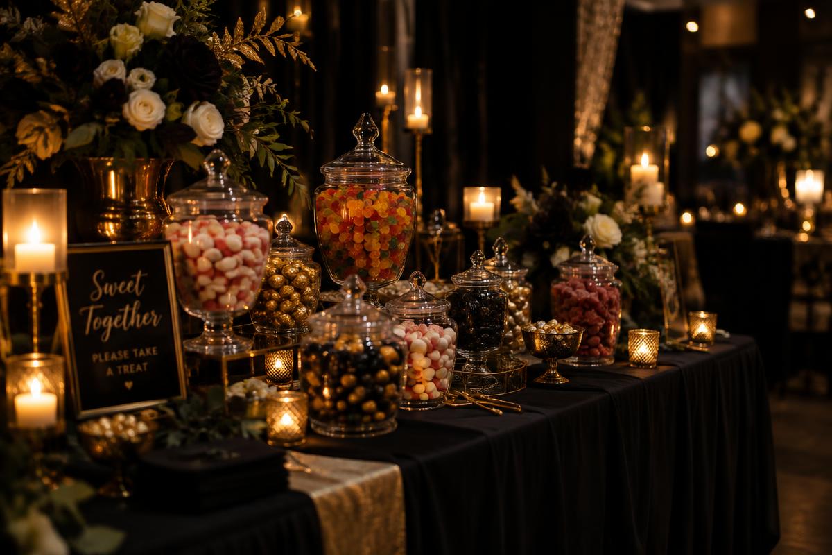 A stylish candy table lit by candlelight