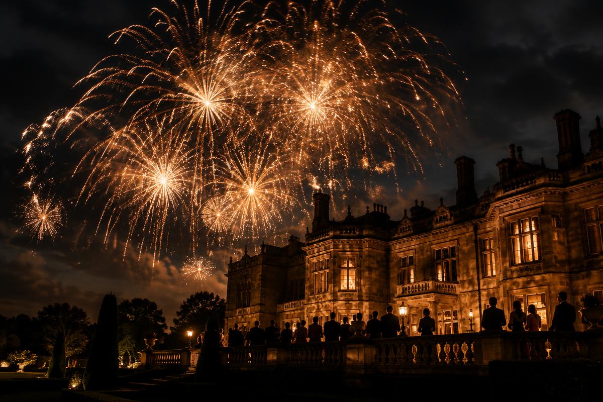 A fireworks display over a wedding venue at night