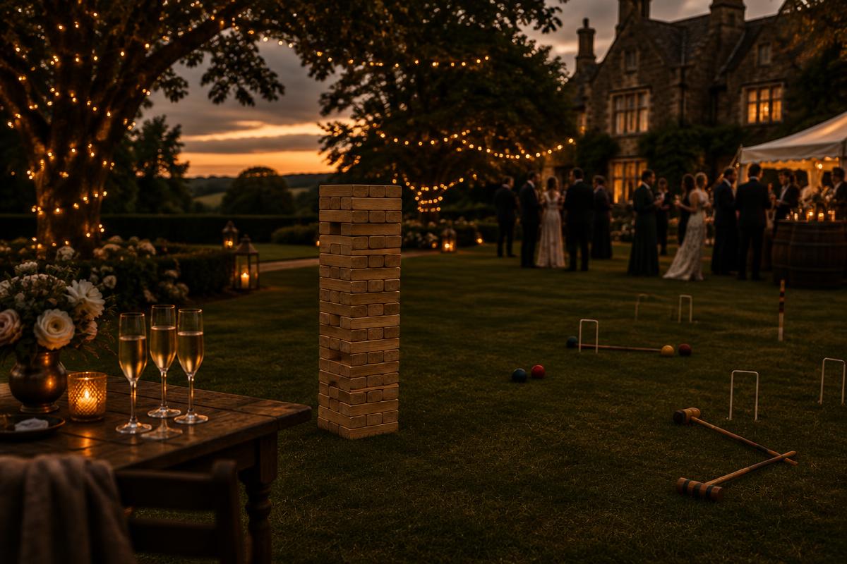 Giant Jenga and garden games on the lawn at dusk