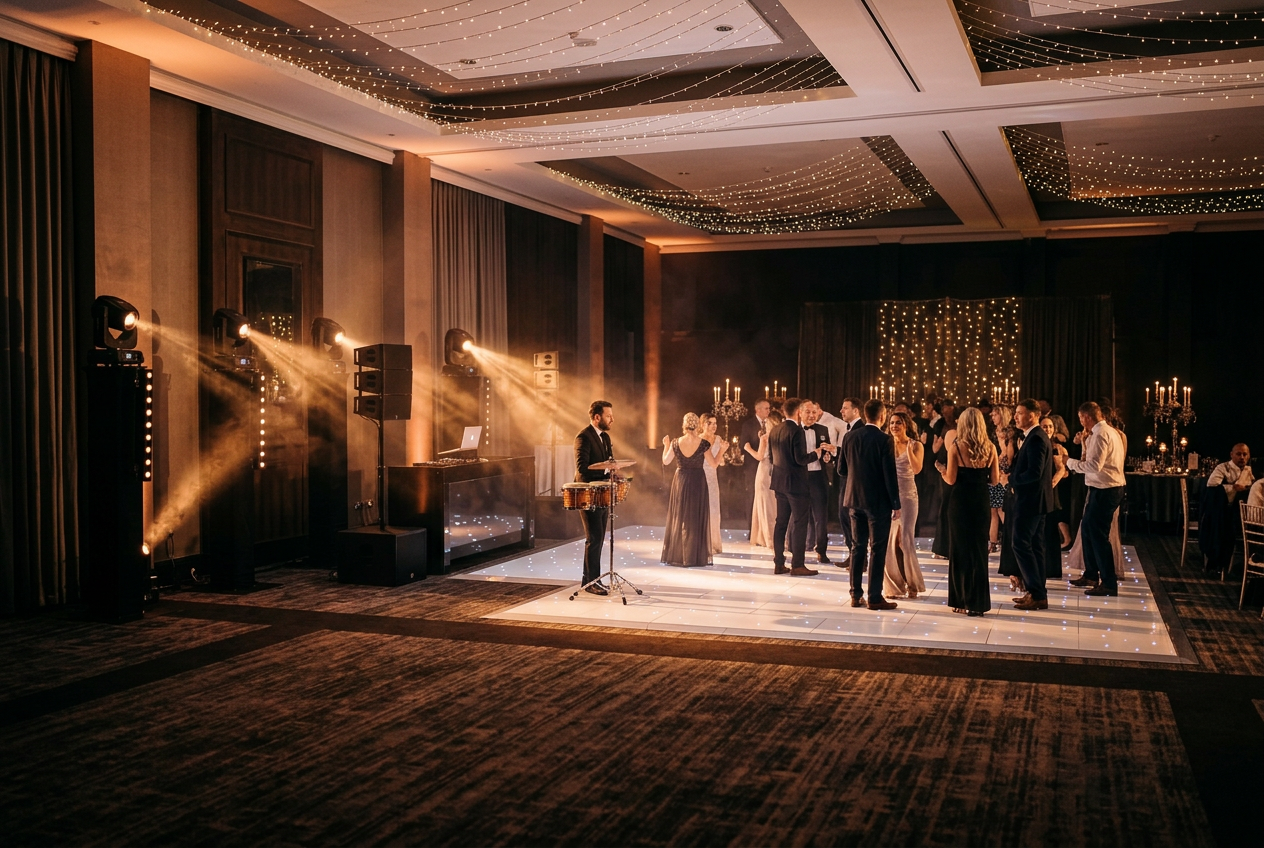 Benedict playing bongos and cymbals beside the dance floor and DJ setup