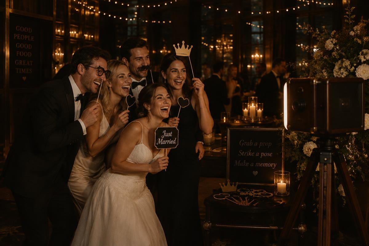 Guests having fun with props at a wedding photo booth