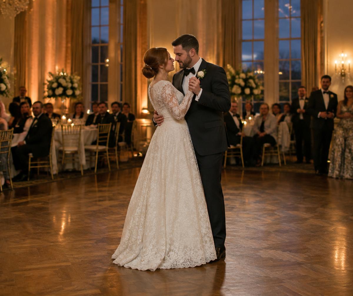 Bride and groom sharing their first dance in a ballroom