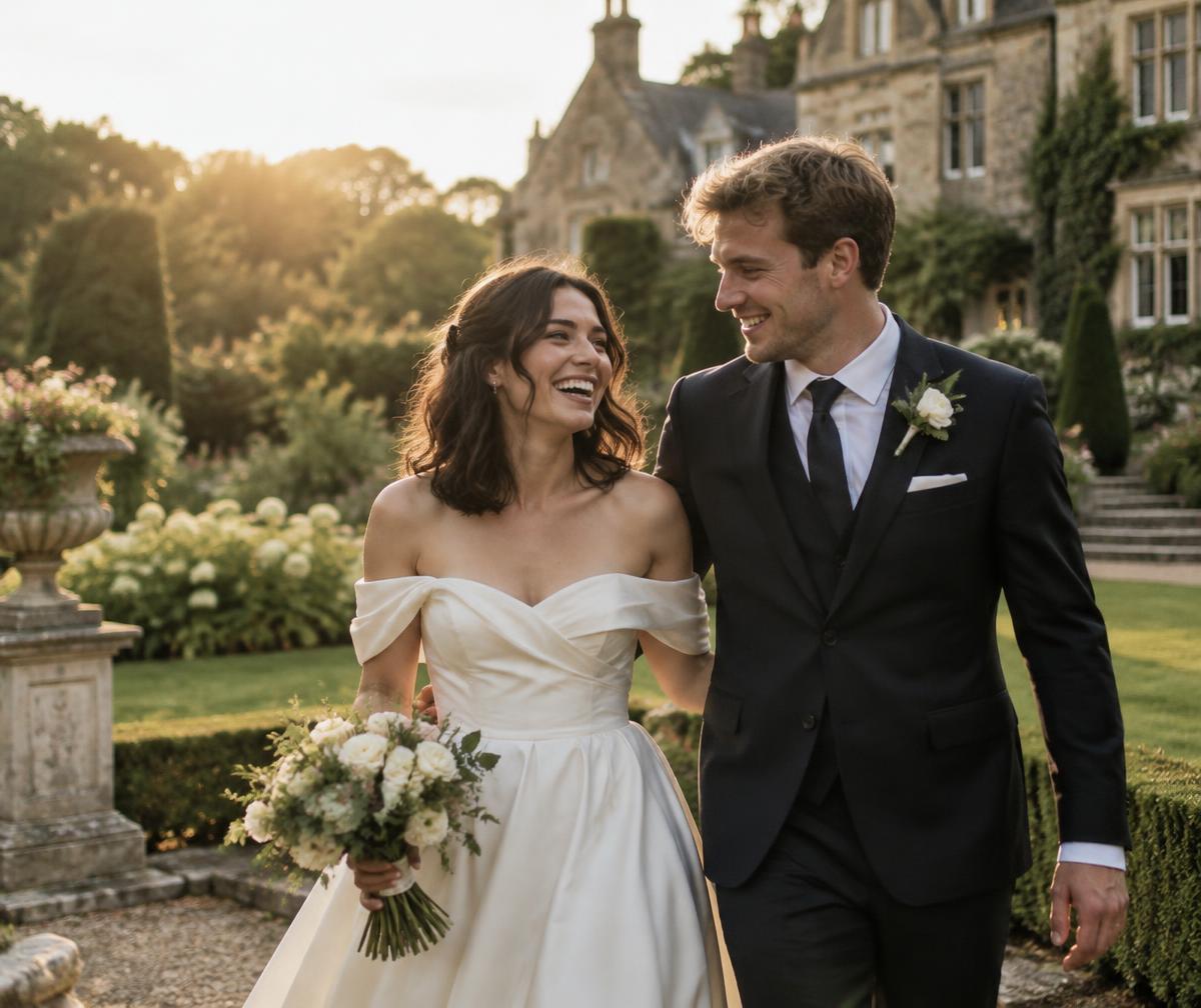 Newlywed couple laughing in a country house garden