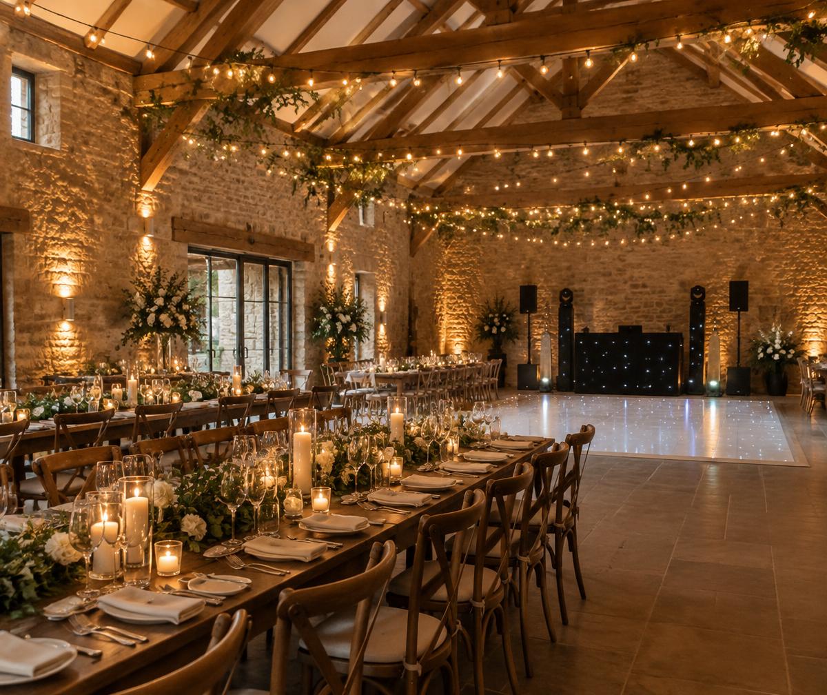 Candlelit stone barn wedding venue with an LED dance floor